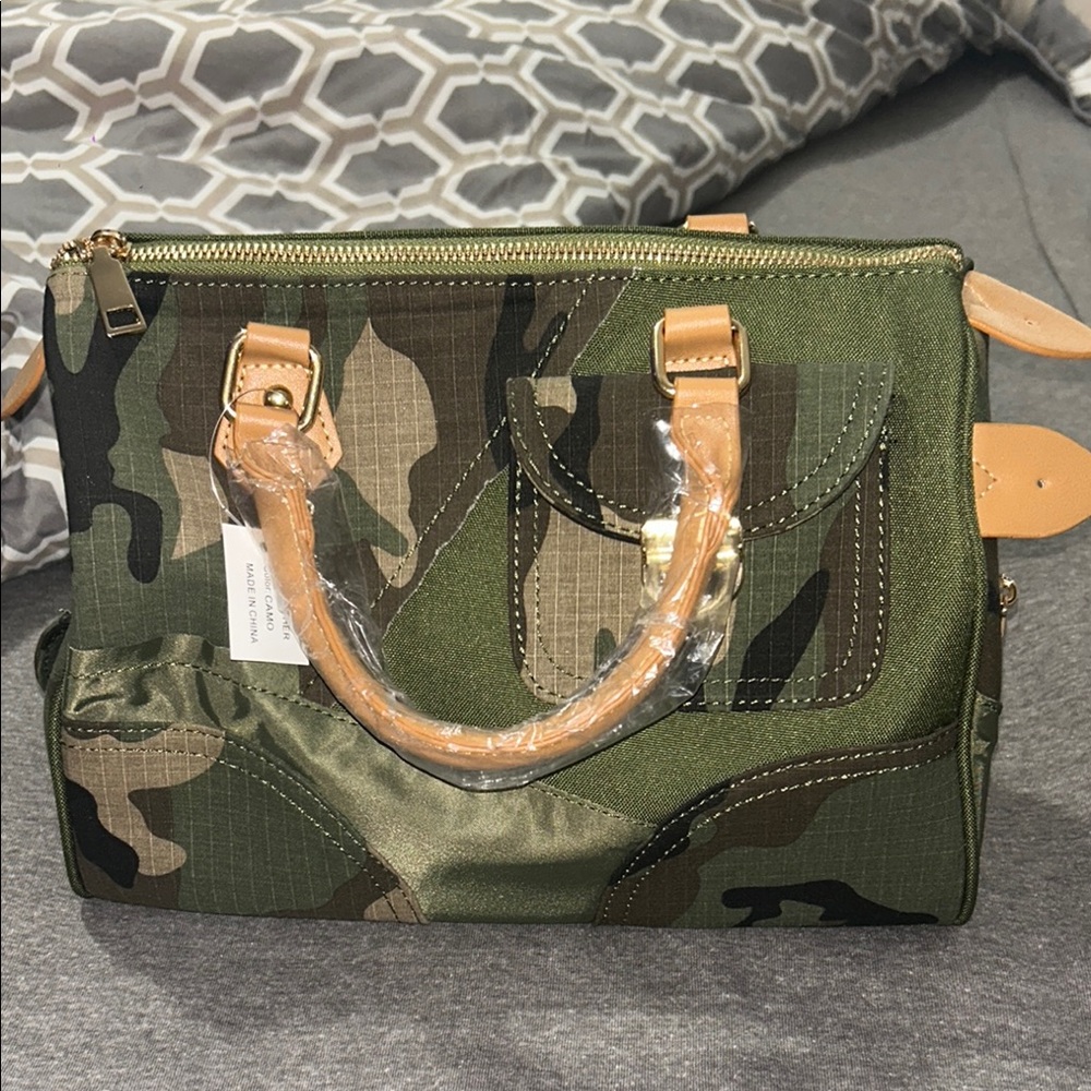 Fashion Nova Camouflage Satchel with Tan Accents